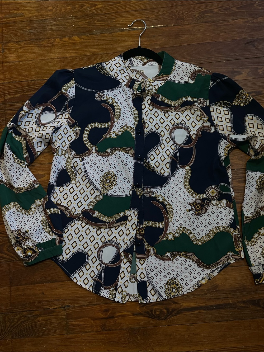 Patterned Long-Sleeve Shirt - Green, Navy & White-L